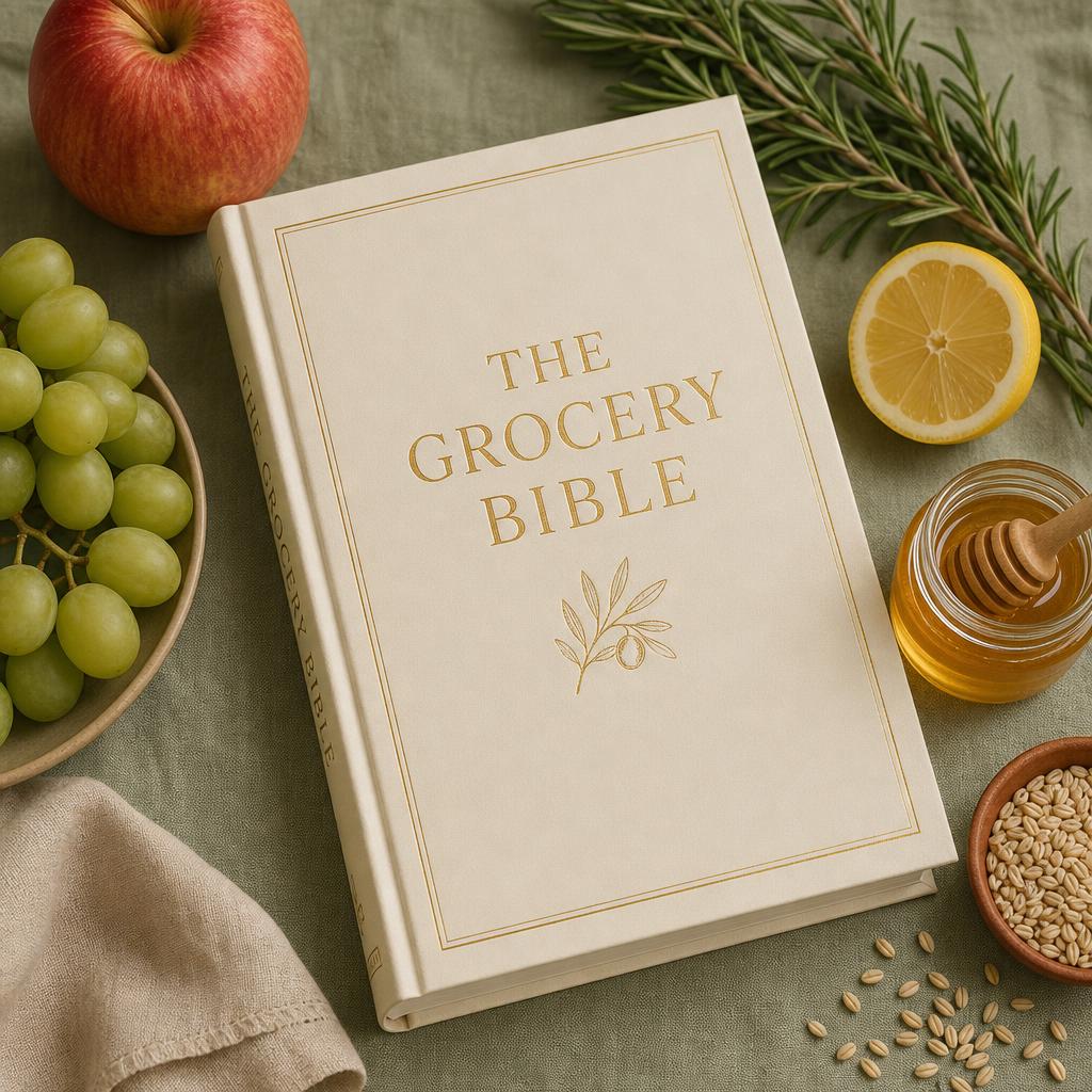 The Grocery Bible โ flat-lay with fresh produce